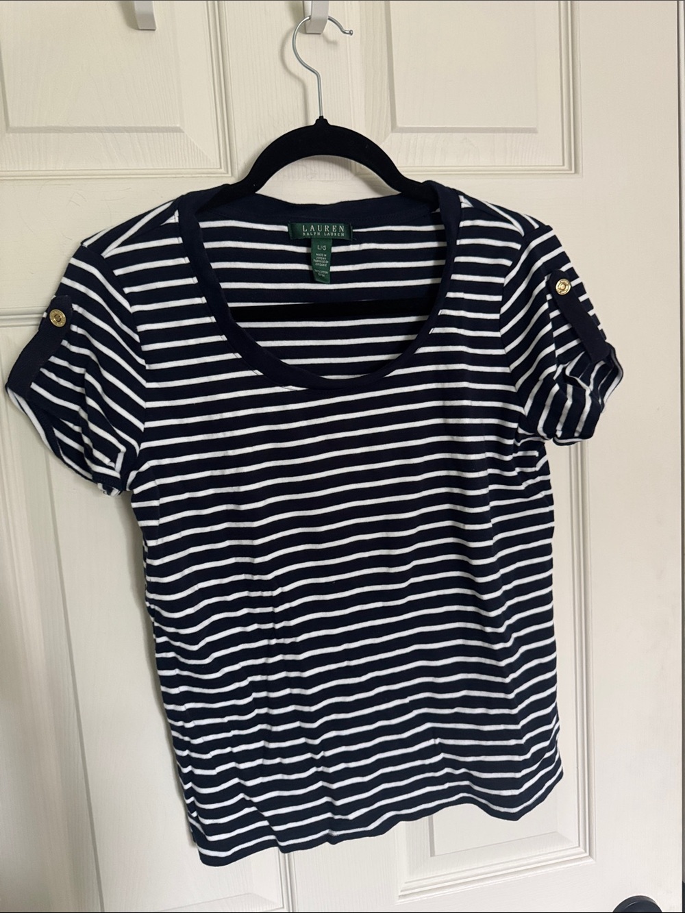 Lauren Ralph Lauren Navy & White Striped Short Sleeve Tee with Button Tabs